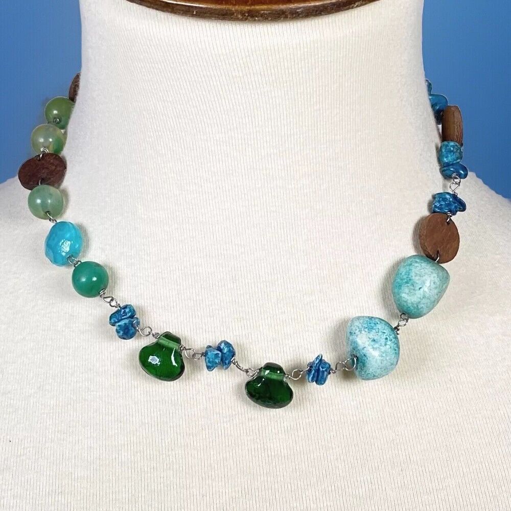American Eagle Boho Beaded Necklace Blue Green Brown Simulated Turquoise Wood